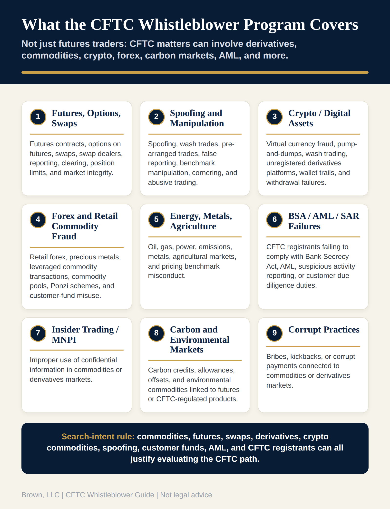Nine-card grid of what the CFTC whistleblower program covers: futures, options and swaps; spoofing and manipulation; crypto and digital assets; forex and retail commodity fraud; energy, metals and agriculture; BSA, AML and SAR failures; insider trading and MNPI; carbon and environmental markets; and corrupt practices.