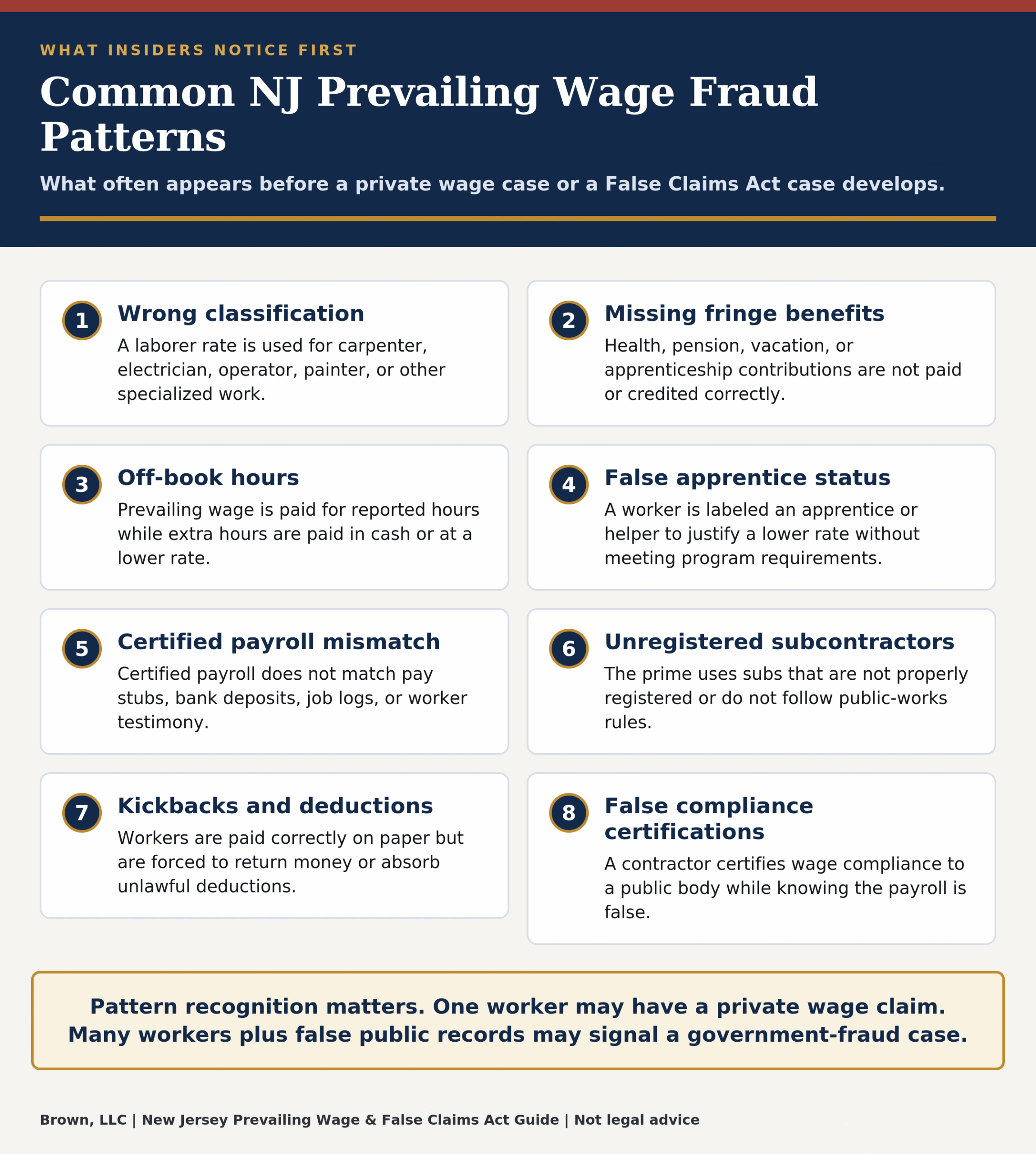 Grid of eight common New Jersey prevailing wage fraud patterns, including misclassification and certified payroll mismatch.